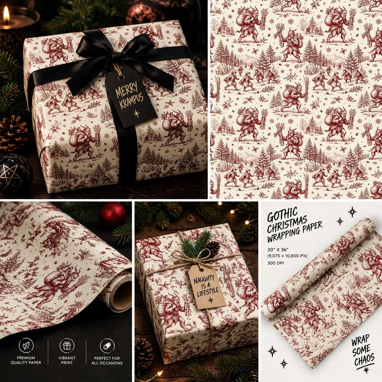 Gothic Christmas Wrapping Paper Merry Krampus Toile de Jouy Burgundy & Cream